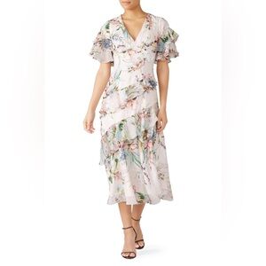 Theia Blush Multi Floral Ruffle Dress Midi Size 4 Wedding Guest Romantic